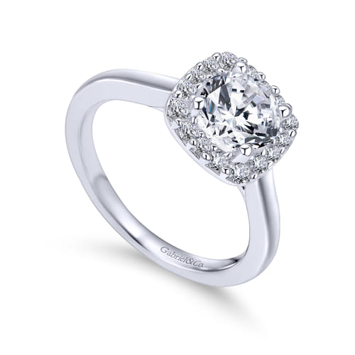 18K White Gold Cushion Halo Round Diamond Engagement Ring