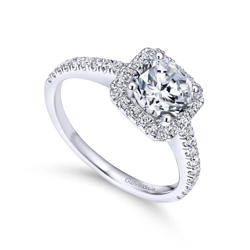 18K White Gold Cushion Halo Round Diamond Engagement Ring