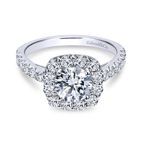 18K White Gold Cushion Halo Round Diamond Engagement Ring