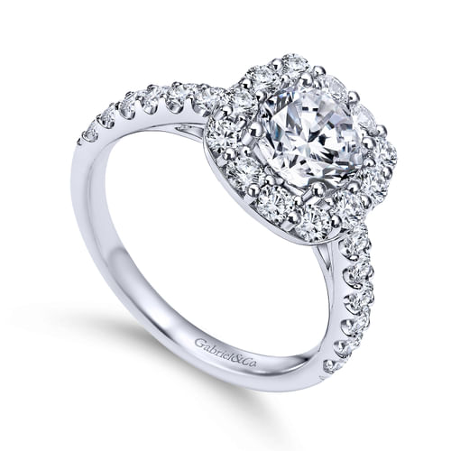 18K White Gold Cushion Halo Round Diamond Engagement Ring