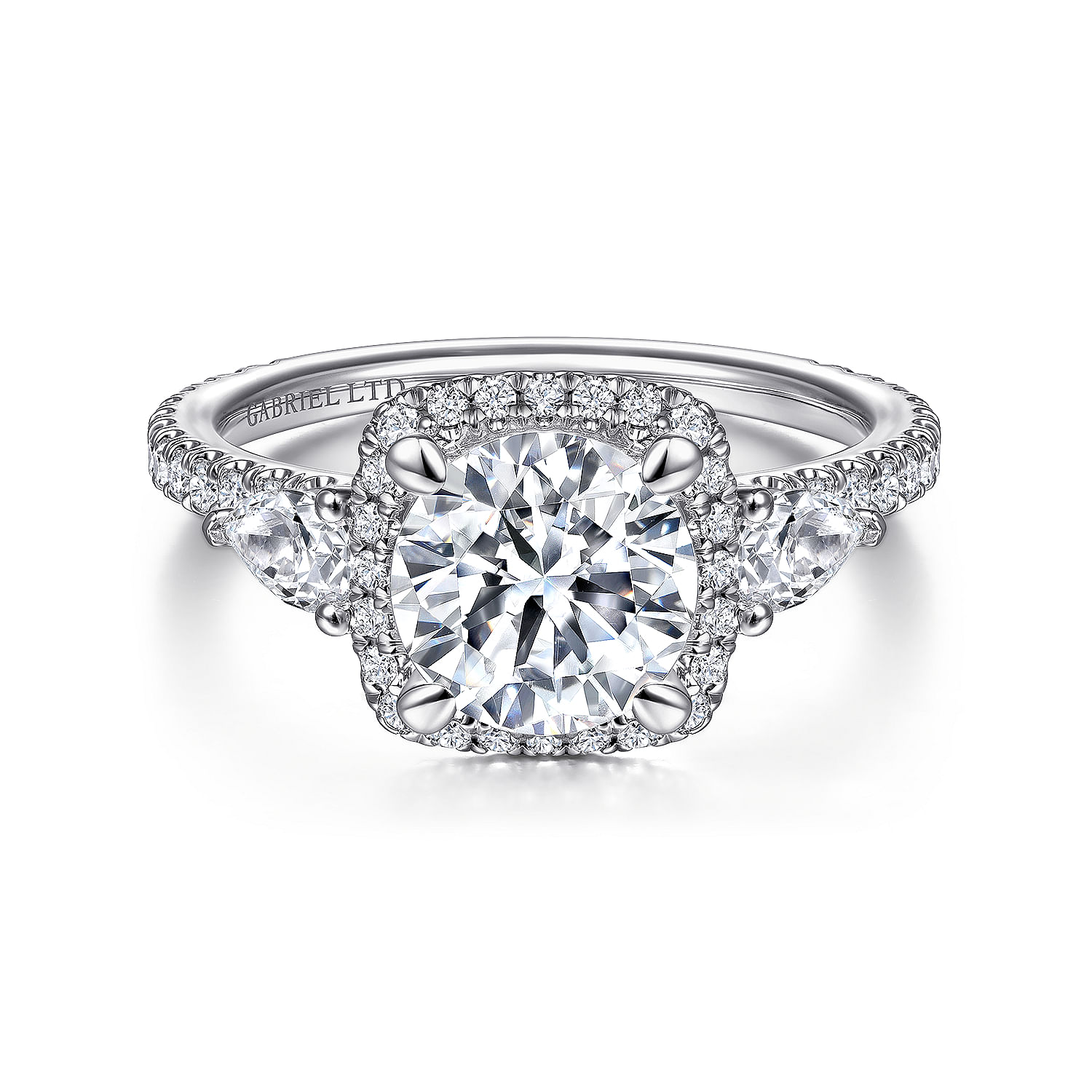 Gabriel - 18K White Gold Cushion Halo Round Three Stone Diamond Engagement Ring