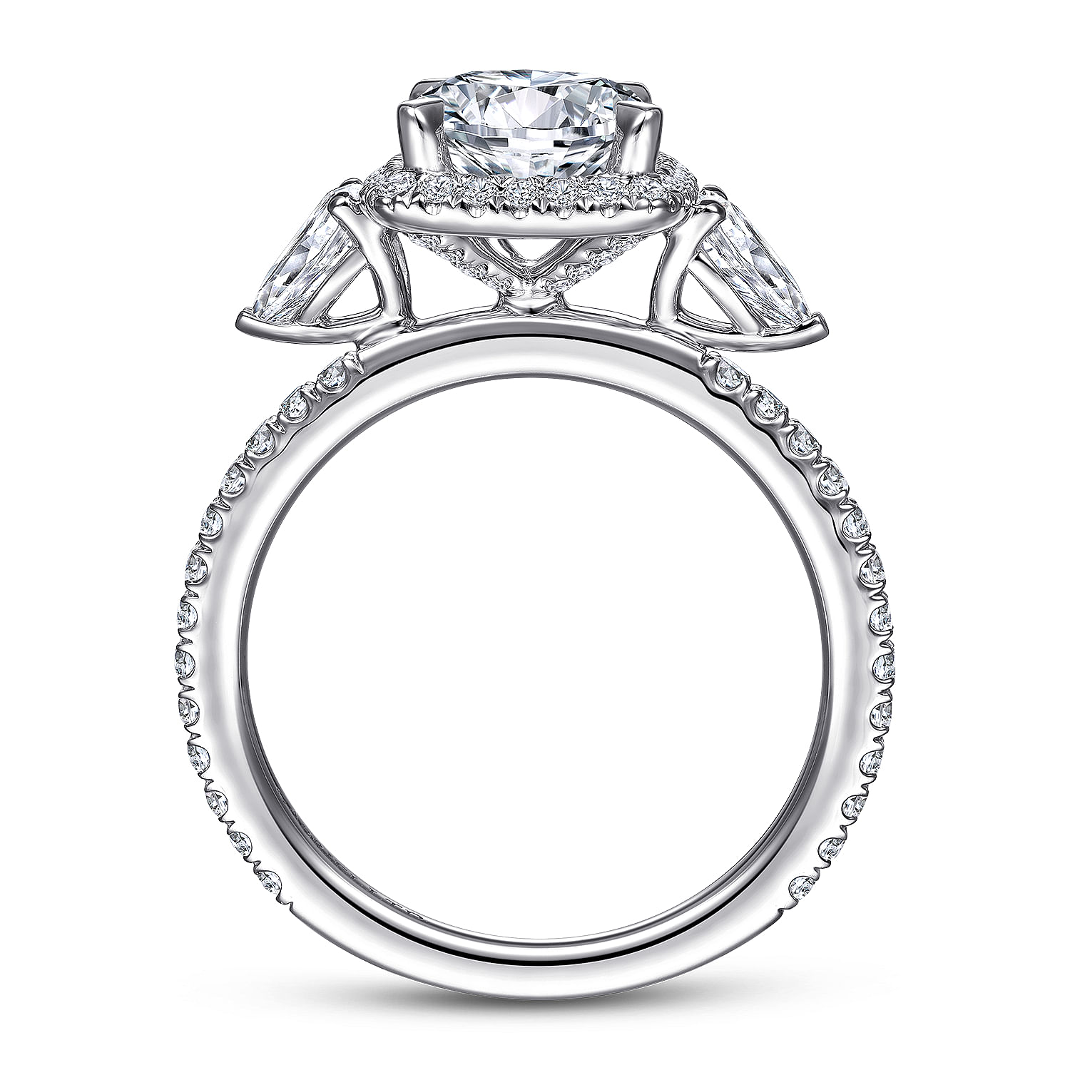 18K White Gold Cushion Halo Round Three Stone Diamond Engagement Ring