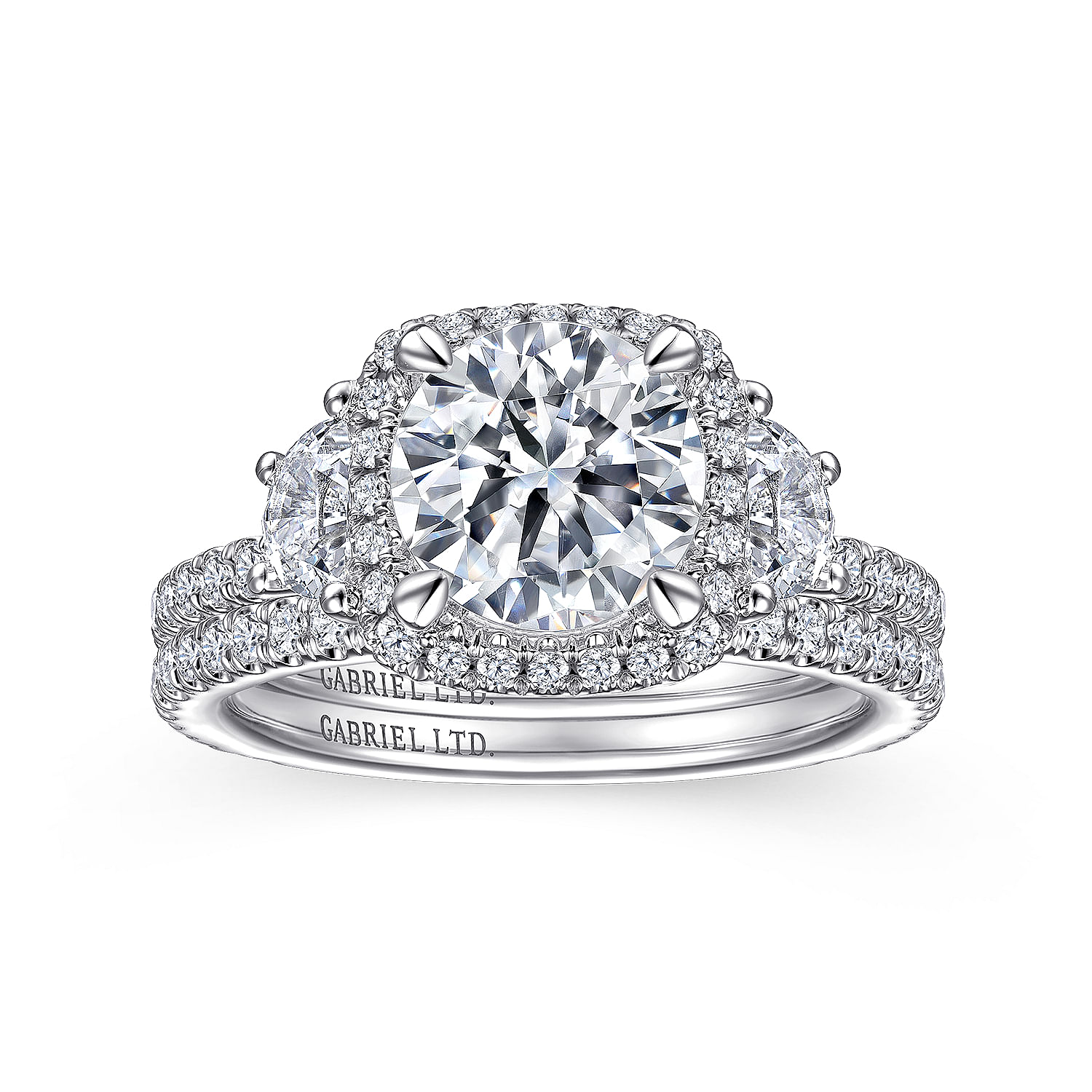 18K White Gold Cushion Halo Round Three Stone Diamond Engagement Ring