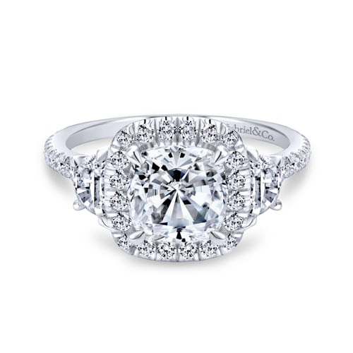 18K White Gold Cushion Three Stone Halo Diamond Engagement Ring
