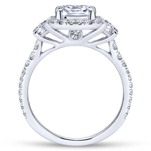 18K White Gold Cushion Three Stone Halo Diamond Engagement Ring