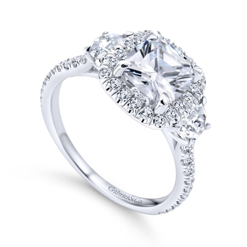 18K White Gold Cushion Three Stone Halo Diamond Engagement Ring