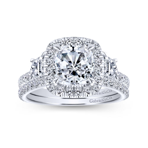 18K White Gold Cushion Three Stone Halo Diamond Engagement Ring