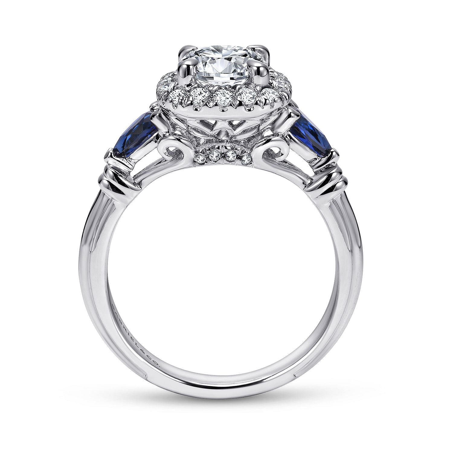 18K White Gold Cushion Three Stone Halo Round Sapphire and Diamond Engagement Ring