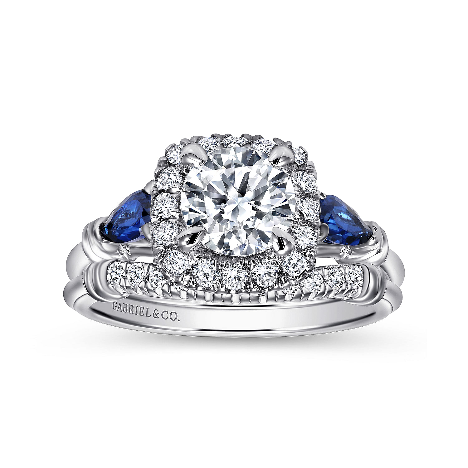 18K White Gold Cushion Three Stone Halo Round Sapphire and Diamond Engagement Ring