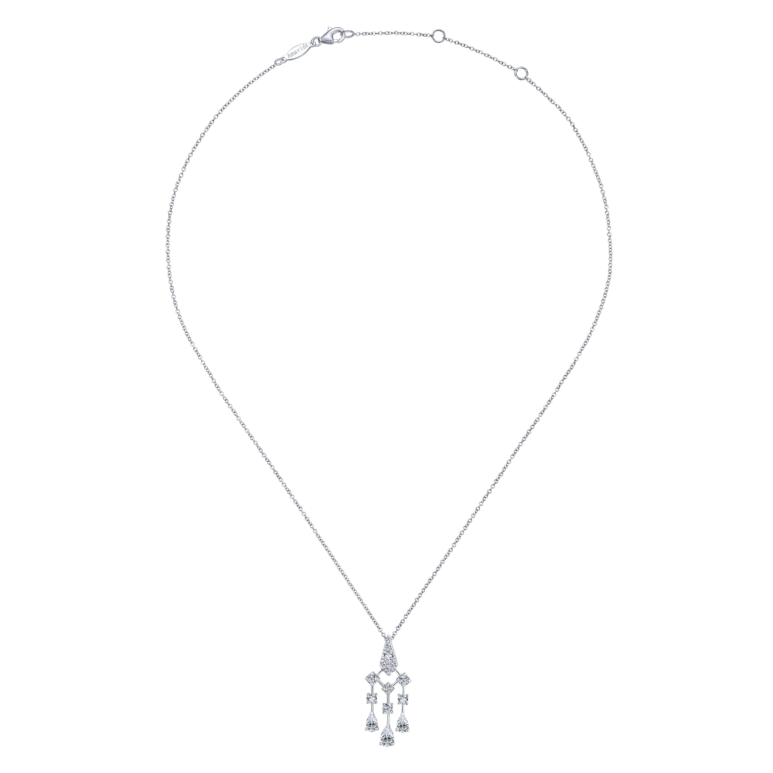 18K White Gold Dangling Diamond Pendant Necklace