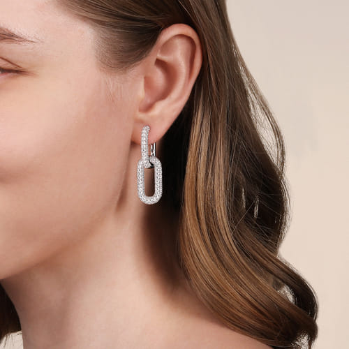 18K White Gold Diamon Pavé Link Drop Earrings