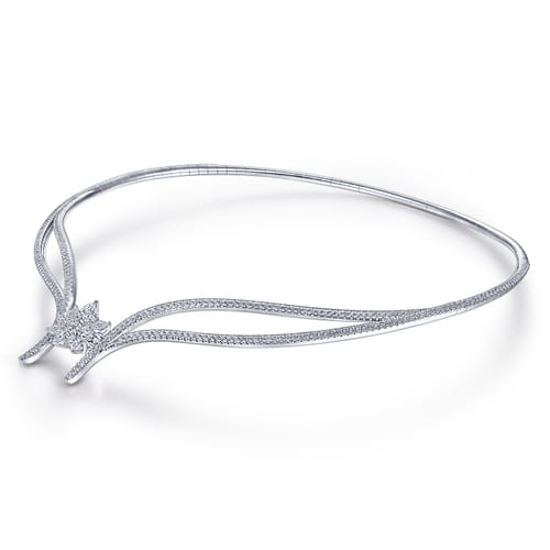 18K White Gold Diamond Choker Necklace with Floral Center