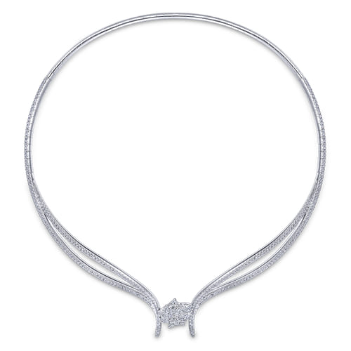 18K White Gold Diamond Choker Necklace with Floral Center