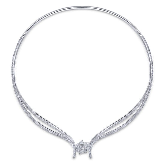 18K White Gold Diamond Choker Necklace with Floral Center angle 3