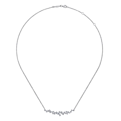 18K White Gold Diamond Cluster Curved Bar Necklace