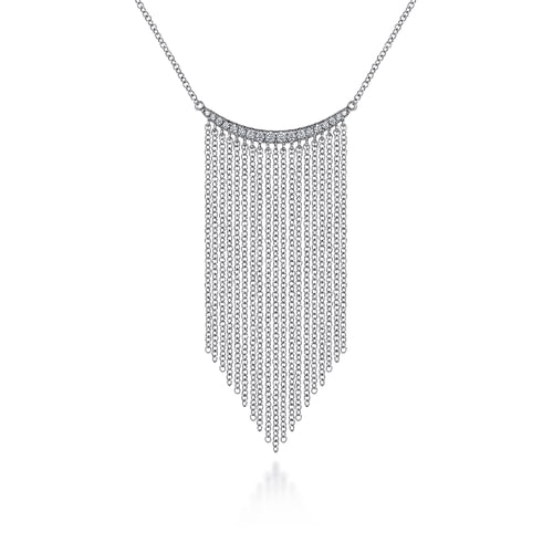 18K White Gold Diamond Curved Bar and Waterfall Chain Necklace