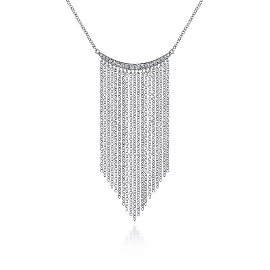 Gabriel - 18K White Gold Diamond Curved Bar and Waterfall Chain Necklace