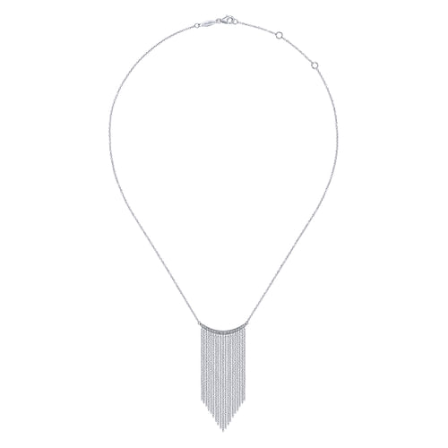 18K White Gold Diamond Curved Bar and Waterfall Chain Necklace