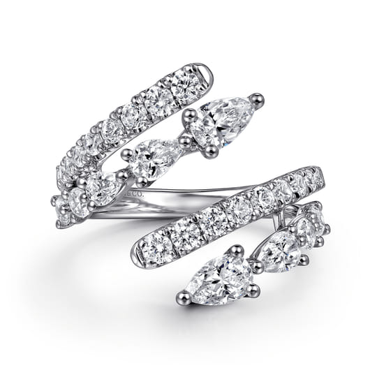 18K White Gold Diamond Double Row Bypass Ladies Ring 18K White Gold Diamond Double Row Bypass Ladies Ring