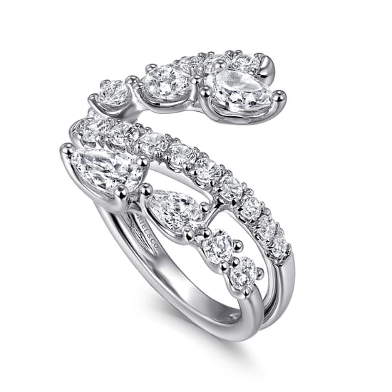 18K White Gold Diamond Double Row Bypass Ladies Ring angle 3 18K White Gold Diamond Double Row Bypass Ladies Ring angle 3