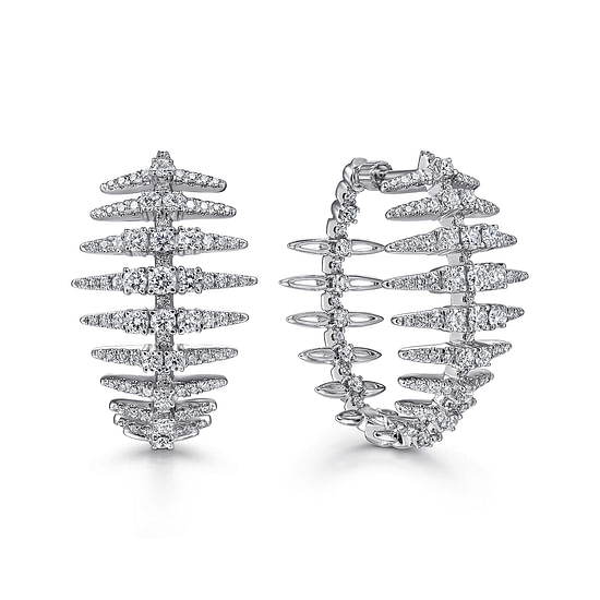 Gabriel - 18K White Gold Diamond Fishbone Intricate Hoop Earrings