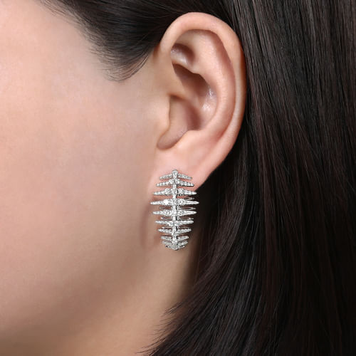 18K White Gold Diamond Fishbone Intricate Hoop Earrings