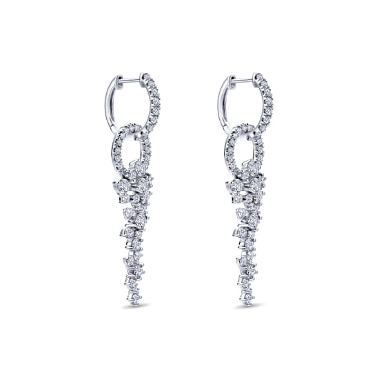 18K White Gold Diamond Huggies with Cascading Cluster Drops angle 2