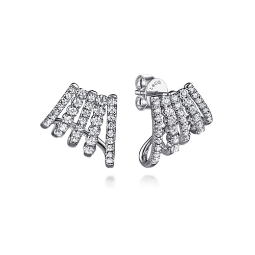 18K White Gold Diamond J Hoop Stud Earrings