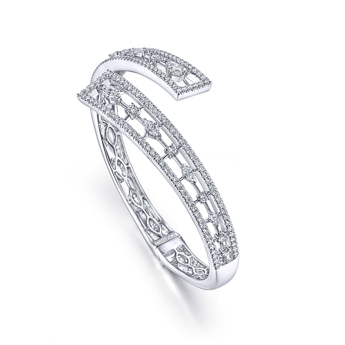 18K White Gold Diamond Pavé Bypass Bangle with Geometric Stations