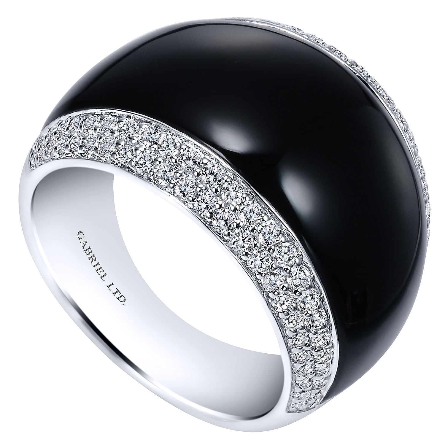 18K White Gold Diamond Pavé and Onyx Domed Ring