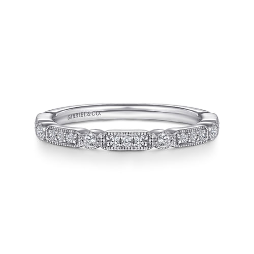 18K White Gold Diamond Station Stackable Anniversary Band with Milgrain