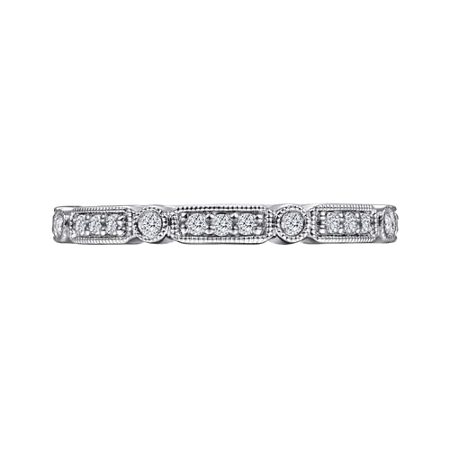 18K White Gold Diamond Station Stackable Anniversary Band with Milgrain