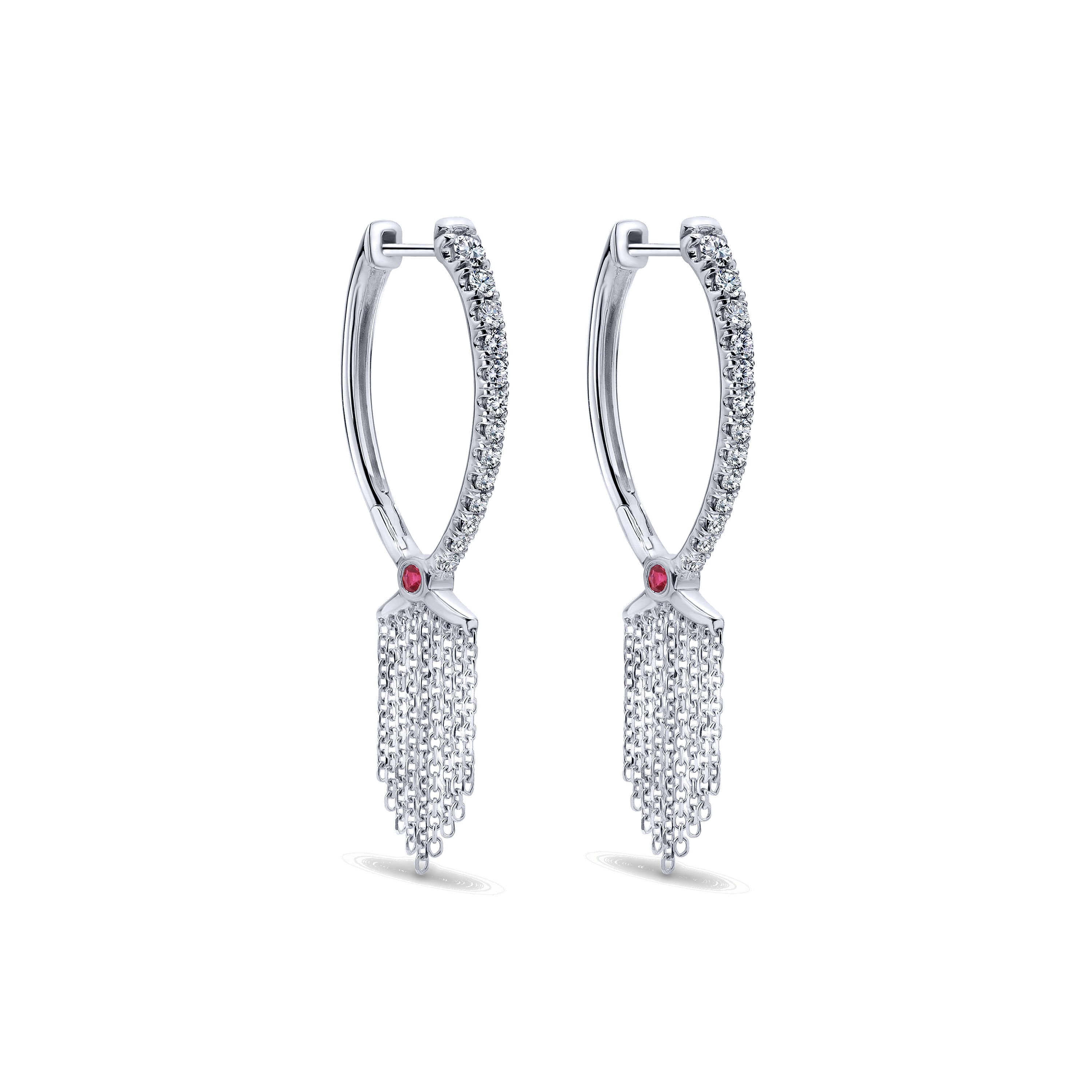 18K White Gold Diamond and Ruby Huggies with Chain Drops
