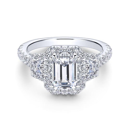 18K White Gold Emerald Cut 3 Stone Halo Channel Set Engagement Ring
