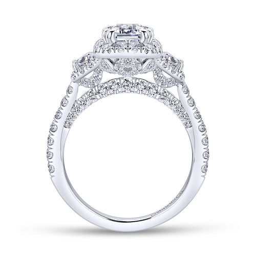 18K White Gold Emerald Cut 3 Stone Halo Channel Set Engagement Ring