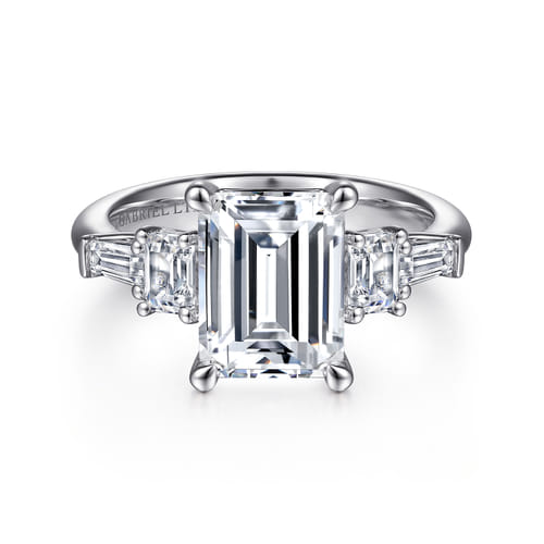 18K White Gold Emerald Cut Five Stone Diamond Engagement Ring