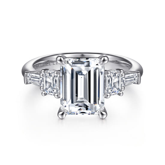 Gabriel - 18K White Gold Emerald Cut Five Stone Diamond Engagement Ring