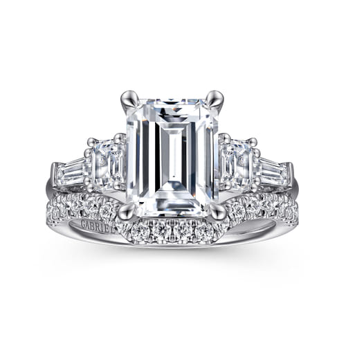 18K White Gold Emerald Cut Five Stone Diamond Engagement Ring