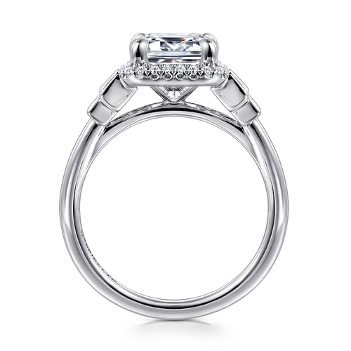 18K White Gold Emerald Cut Halo Five Stone Diamond Engagement Ring