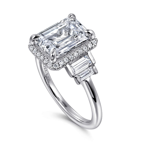 18K White Gold Emerald Cut Halo Five Stone Diamond Engagement Ring
