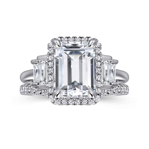 18K White Gold Emerald Cut Halo Five Stone Diamond Engagement Ring