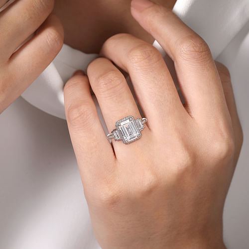 18K White Gold Emerald Cut Halo Five Stone Diamond Engagement Ring