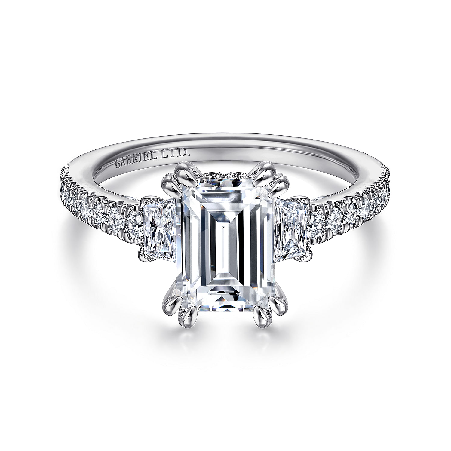Gabriel - 18K White Gold Emerald Cut Three Stone Diamond Engagement Ring