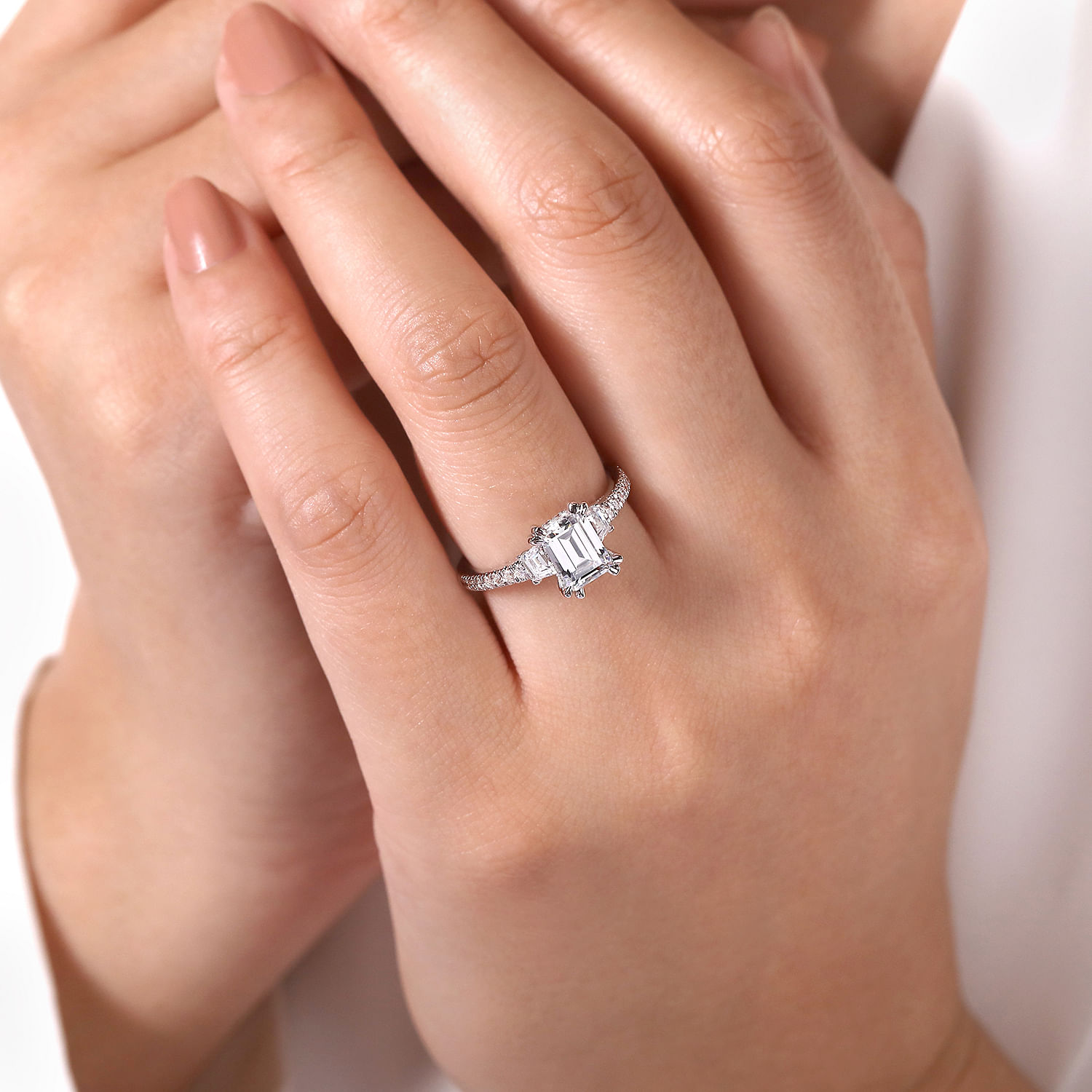 18K White Gold Emerald Cut Three Stone Diamond Engagement Ring