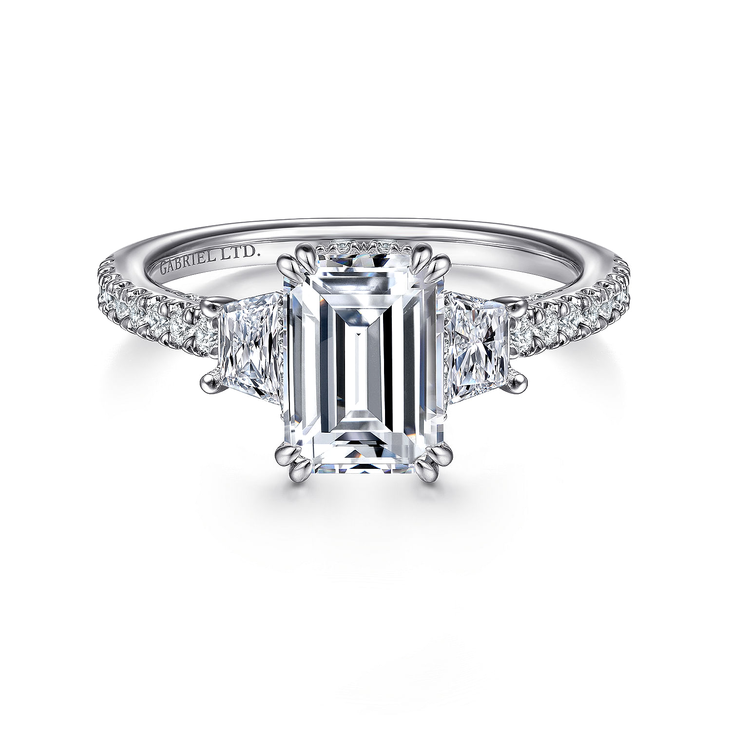 18K White Gold Emerald Cut Three Stone Diamond Engagement Ring