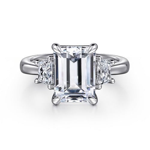 18K White Gold Emerald Cut Three Stone Diamond Engagement Ring