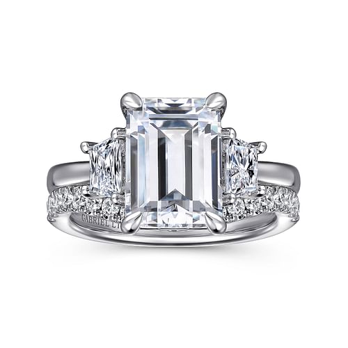 18K White Gold Emerald Cut Three Stone Diamond Engagement Ring