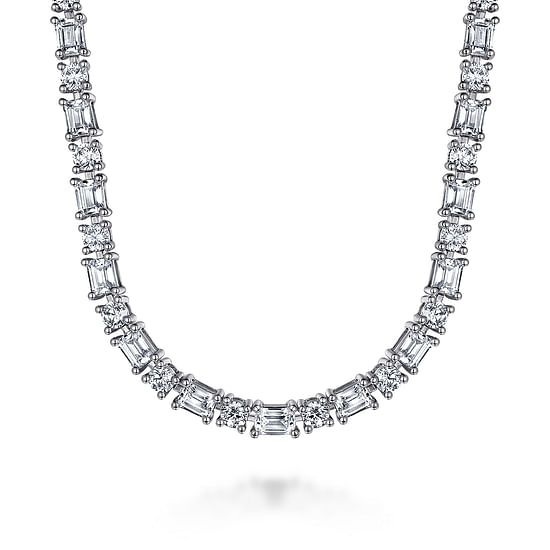 Gabriel - 18K White Gold Emerald and Round Diamond Tennis Necklace