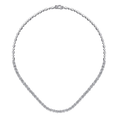 18K White Gold Emerald and Round Diamond Tennis Necklace