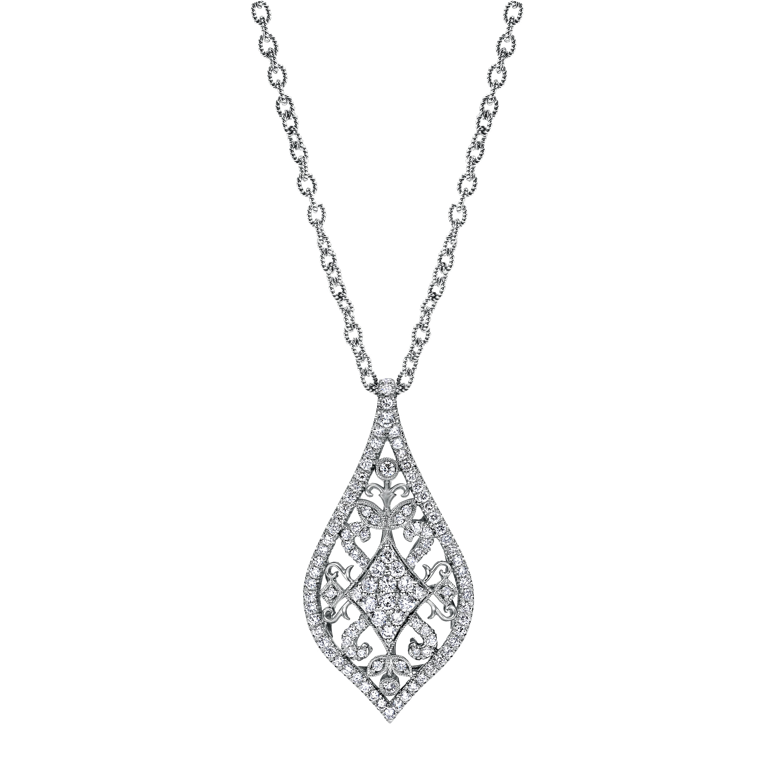 Gabriel - 18K White Gold Filigree Diamond Teardrop Pendant Necklace
